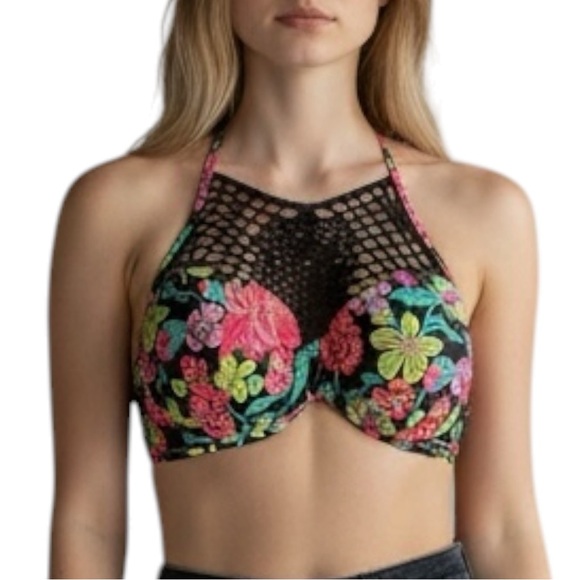 Shade & Shore Other - SHADE & SHORE Black Floral Halter Bikini Top w/ Pink/Teal Accents Size 36C - NWT